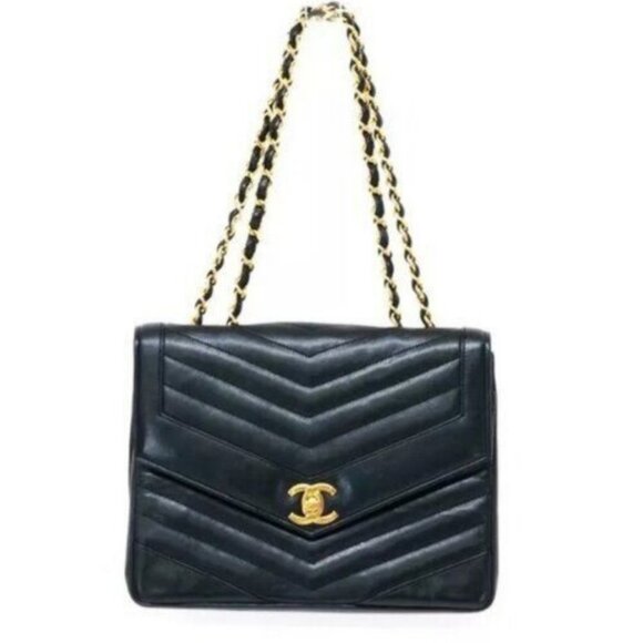 CHANEL 24K Classic Flap Bag Vintage Envelope Chevron Lambskin Leather Purse - Picture 2 of 11